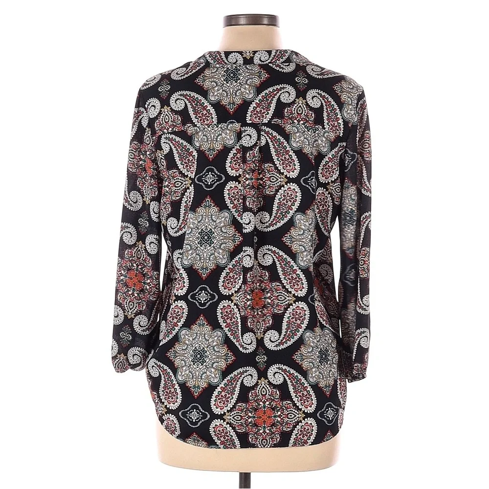 Alice Blue Black Multicolor Paisley Floral Print Split Neck Long Sleeve Top - Picture 3 of 14